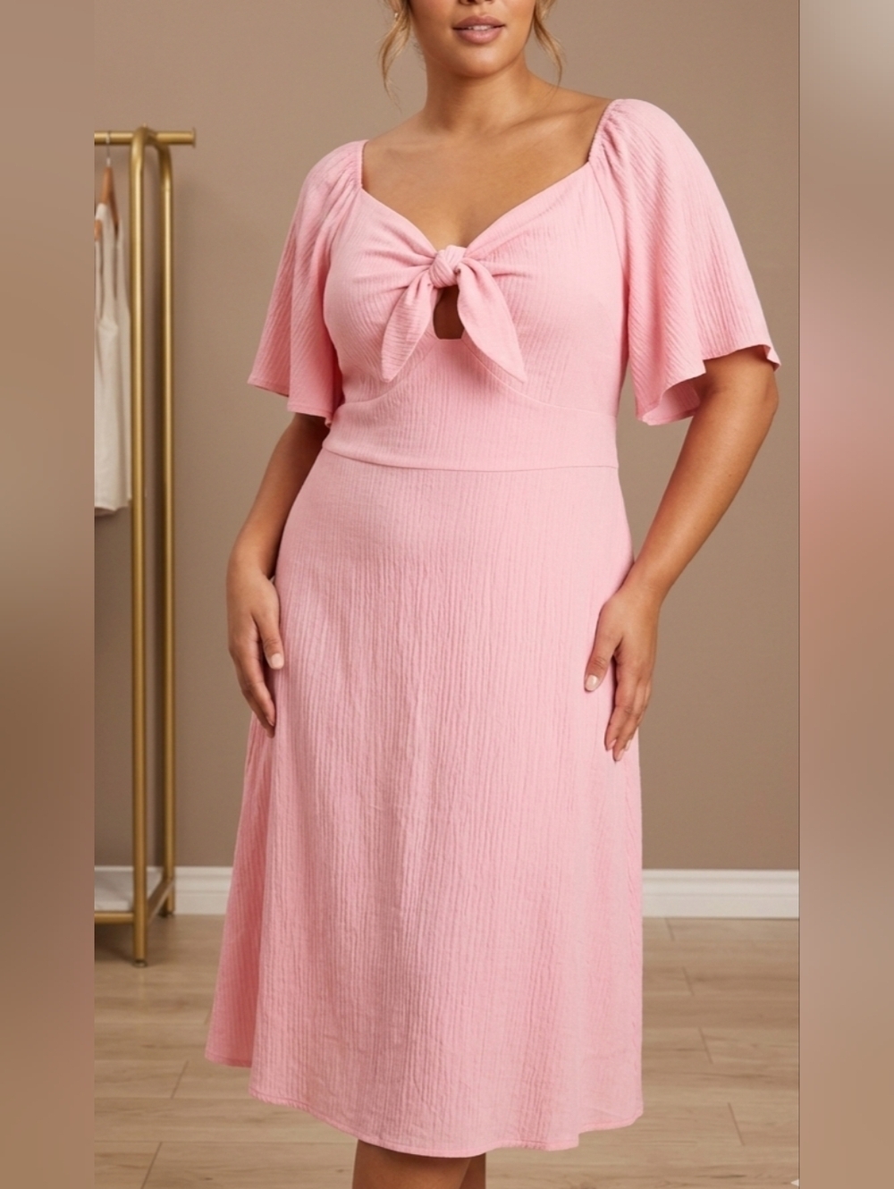 Dokotoo Pink L Mini Dress V Neck Short Sleeve Tie Back Smocked